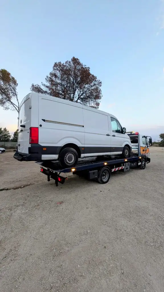 Grúa de plataforma transportando una furgoneta
